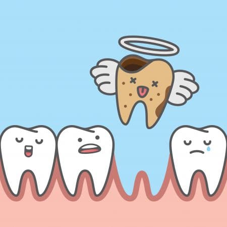 Dead decay tooth missing go to heaven illustration cartoon character vector design on blue background.  Dental care concept.